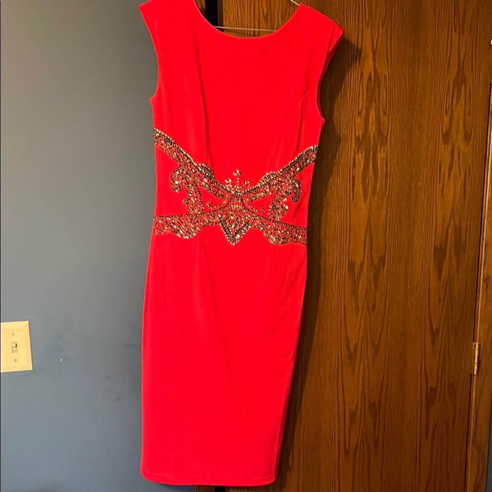 Red Embellished Knee-Length Sheath Dress